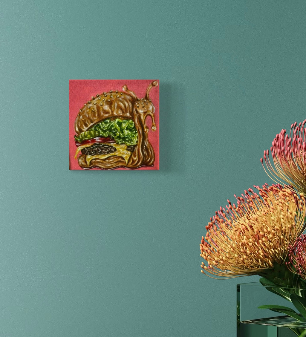 “Burger Snail” 6x6 Acrylic On Canvas