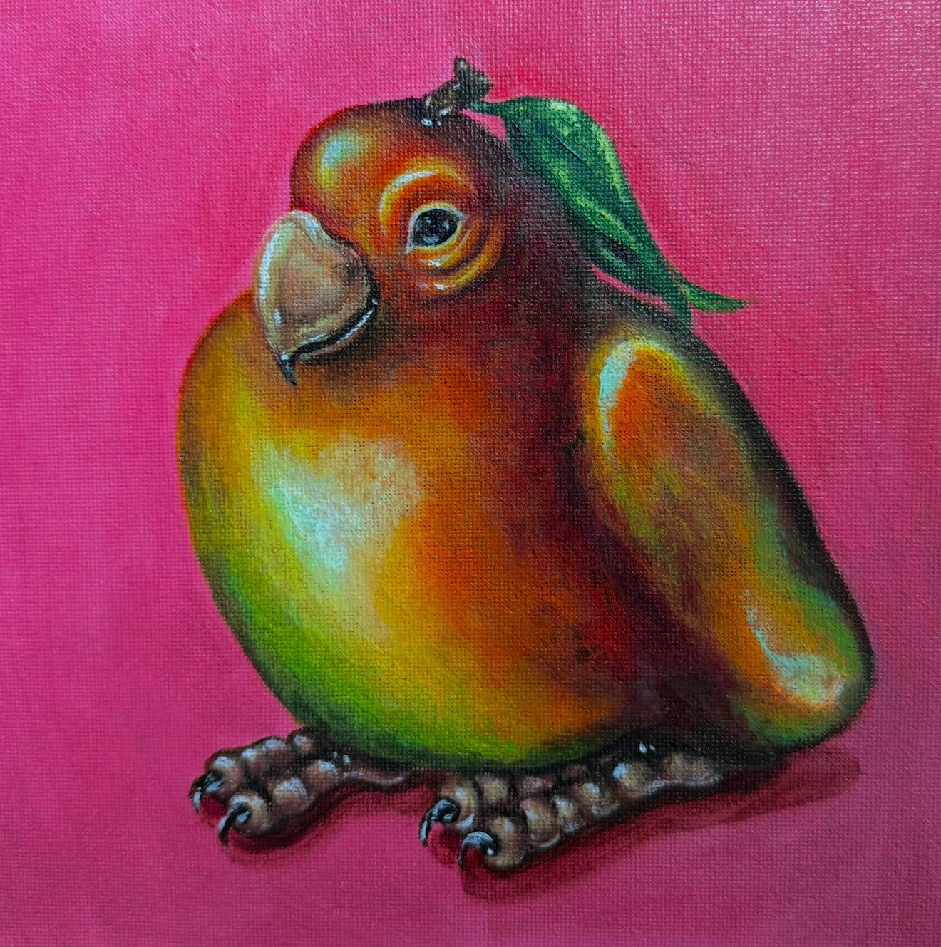 “Mango Bird” 8x8 Acrylic On Canvas