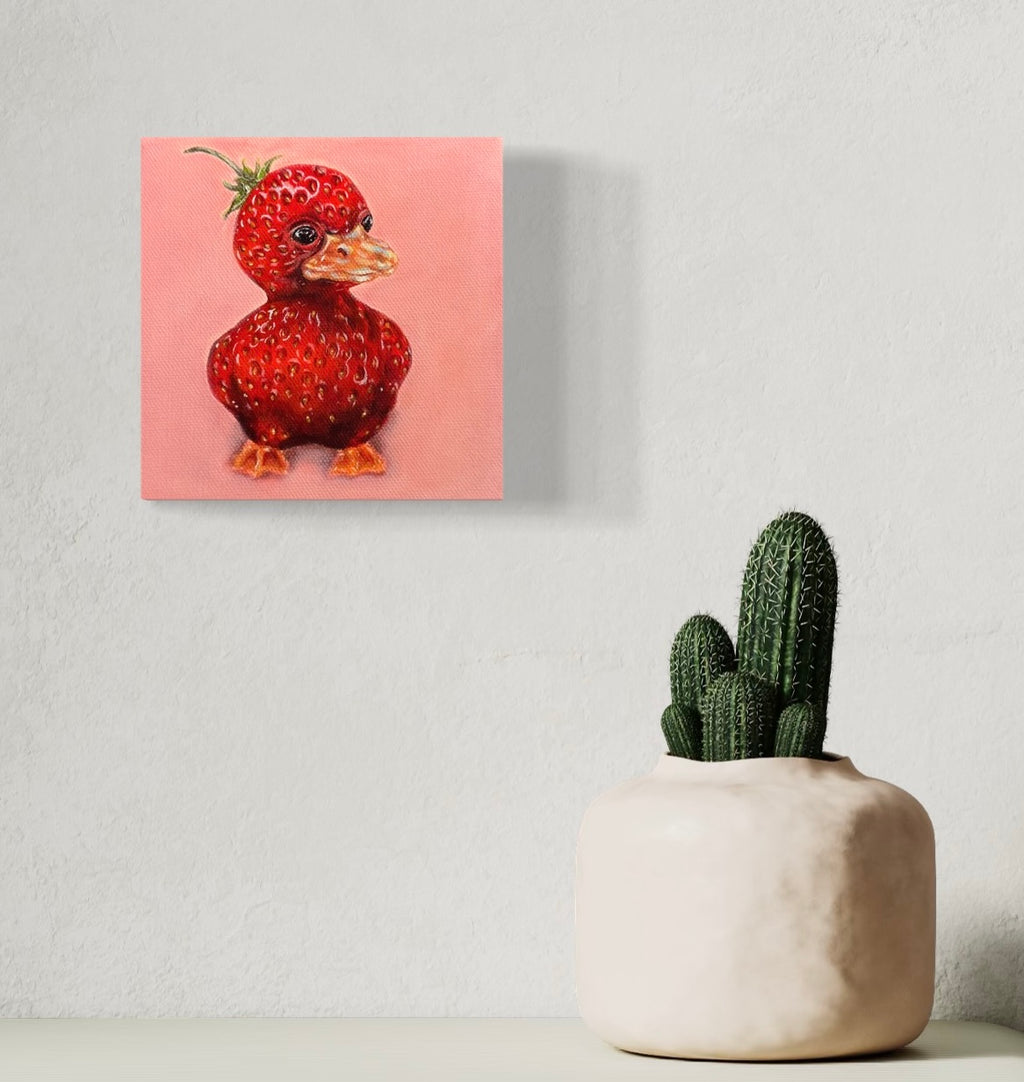“Strawberry Duck” 6x6 Acrylic On Canvas