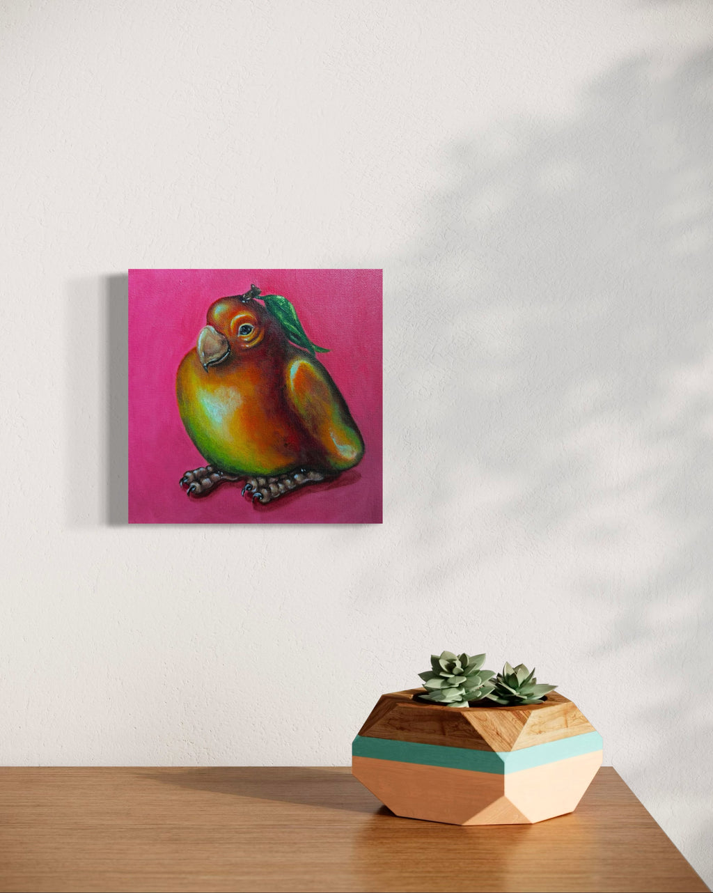 “Mango Bird” 8x8 Acrylic On Canvas
